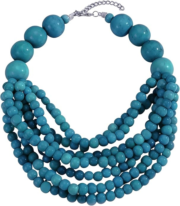 Multi Layer Beaded Statement Necklace for Women, Boho Colorful Wooden Bead Choker, Chunky Vintage... | Amazon (US)
