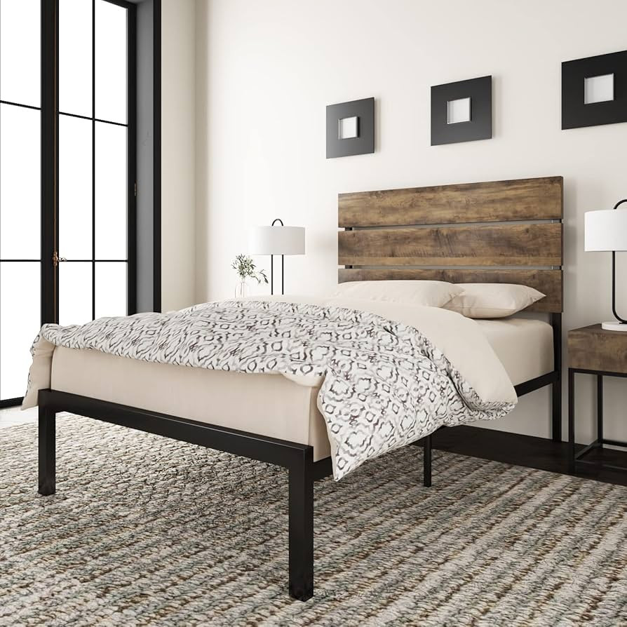 Allewie Twin Size Platform Bed Frame with Wooden headboard and Metal Slats/Rustic Country Style M... | Amazon (US)