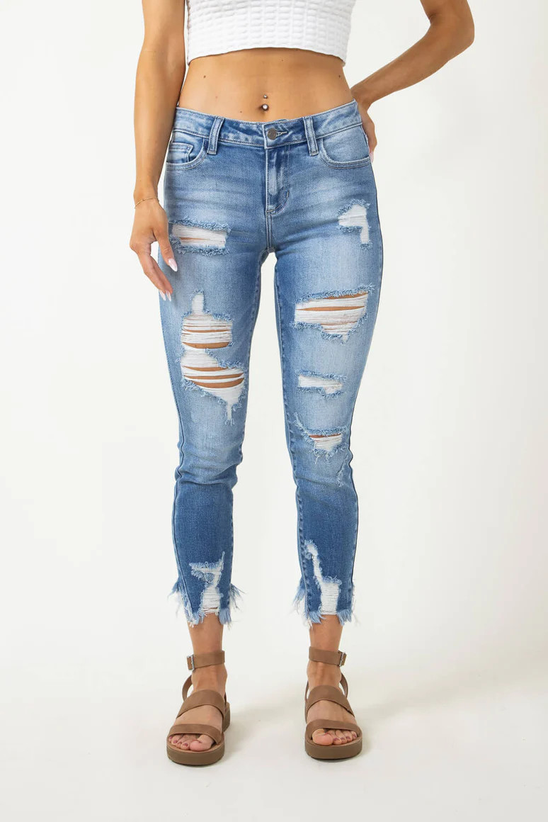 Cello Distressed Cropped Fray Bottom Skinny Jeans for Women | Glik's
