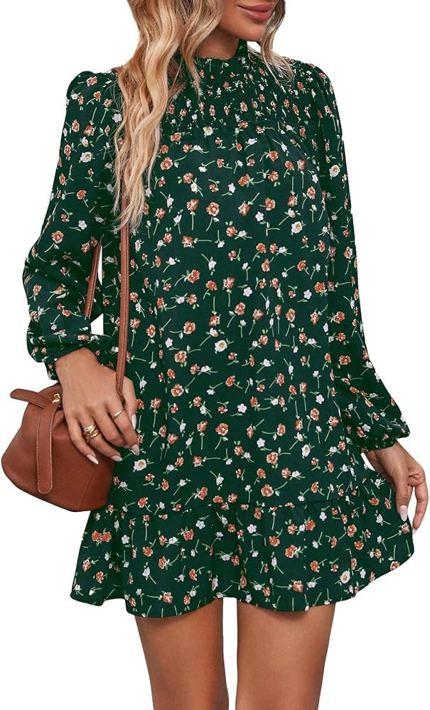 MakeMeChic Women's Boho Ditsy Floral Lantern Long Sleeve Mock Neck Ruffle Mini Short Dress | Amazon (US)