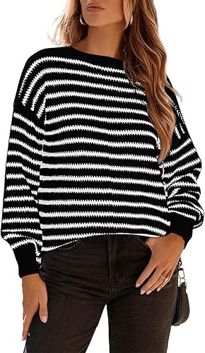 Dokotoo Sweaters for Women Crewneck Long Sleeve Striped Color Block Loose Knit Pullover Sweater T... | Amazon (US)