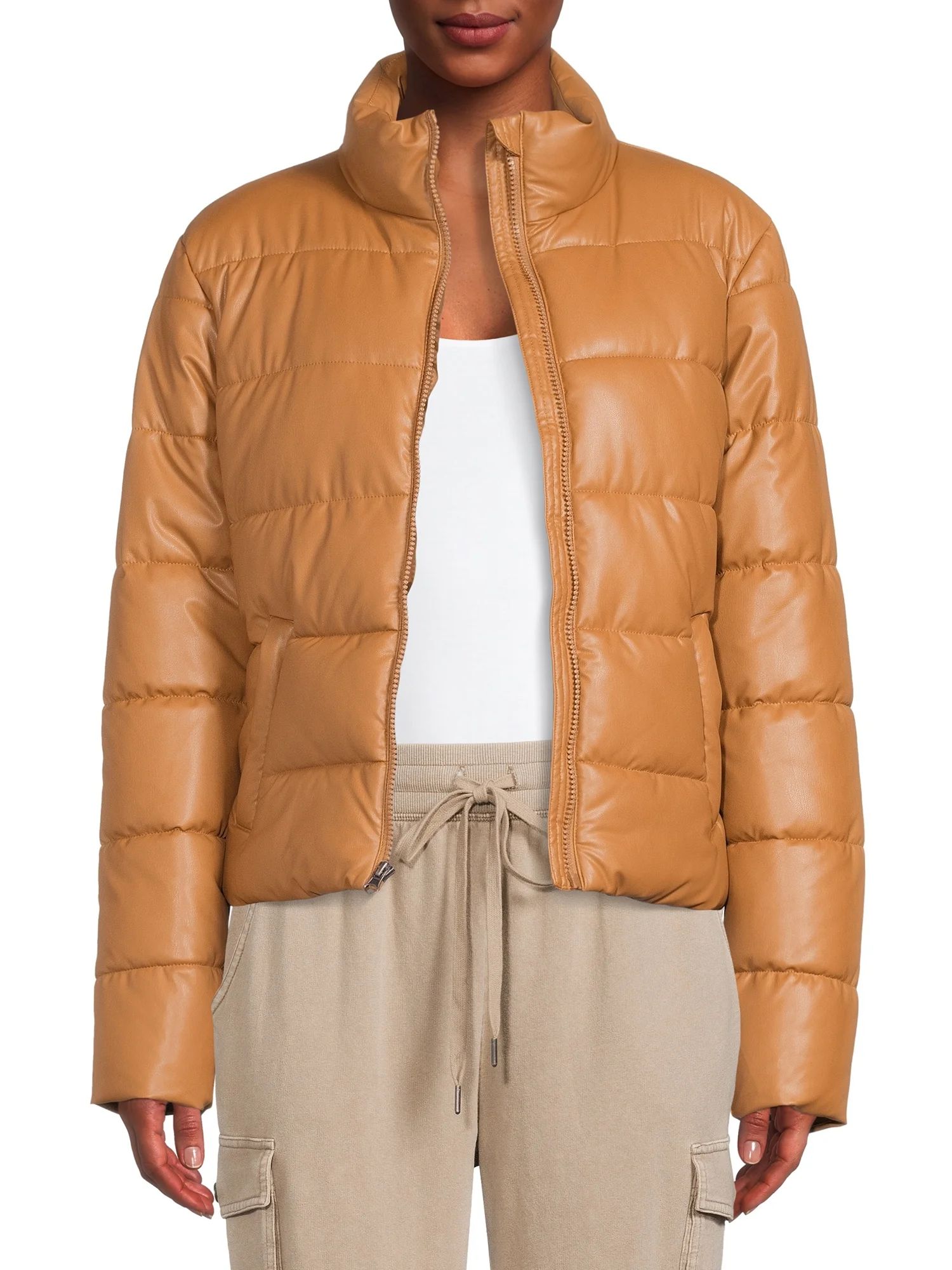 Time and Tru Women's and Plus Faux Leather Cropped Puffer Jacket - Walmart.com | Walmart (US)