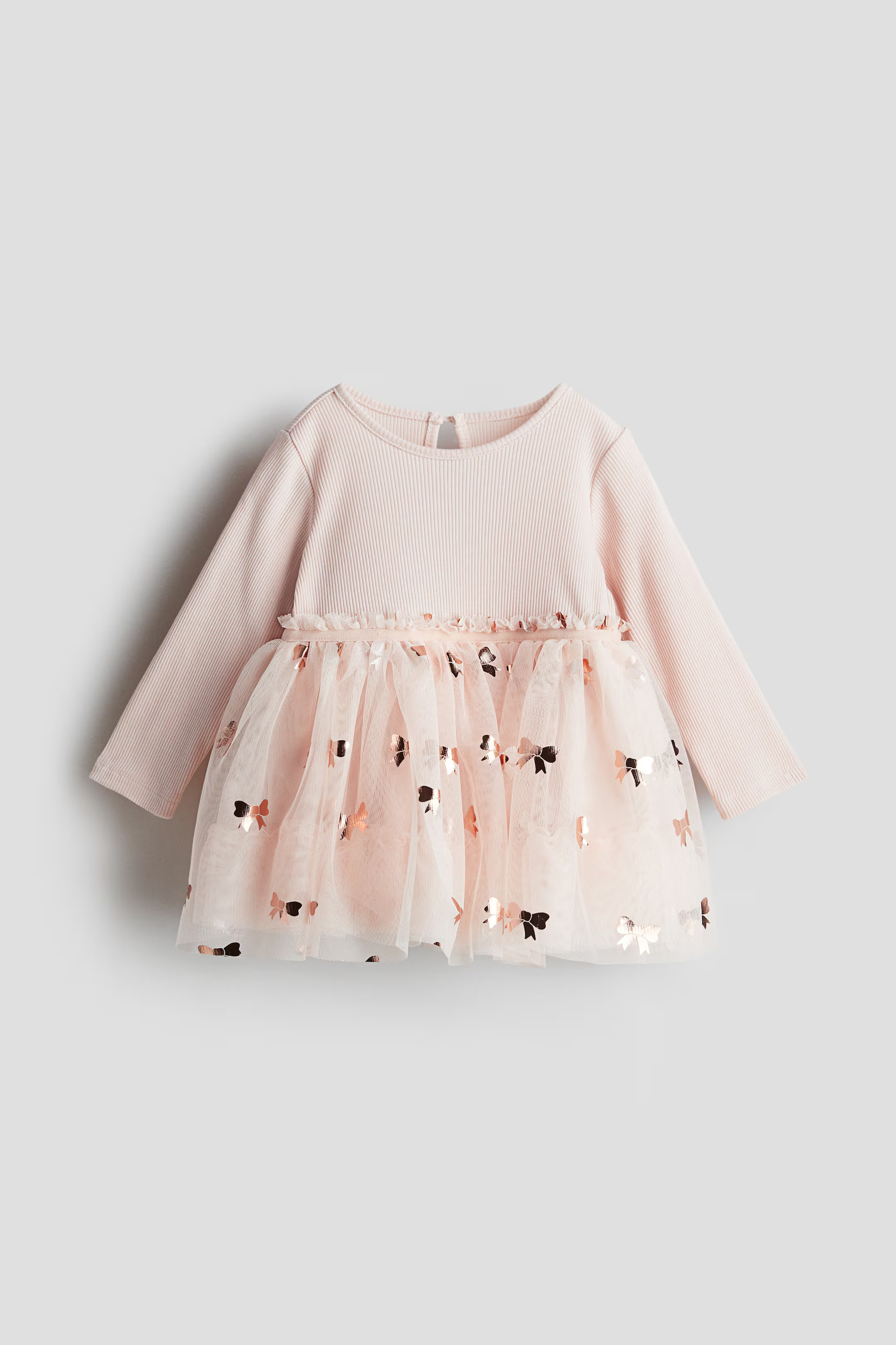 Jersey Dress with Tulle Skirt - Round Neck - Long sleeve - Light pink/bows - Kids | H&M US | H&M (US + CA)