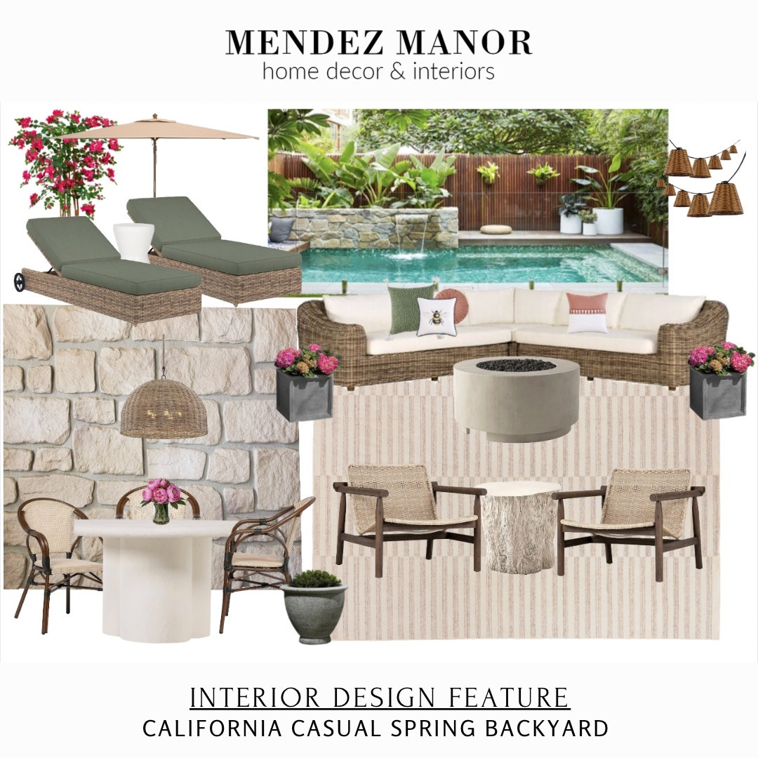 California backyard design with chaise lounges, dining area and outdoor living area. 

🏡 Through my flat-rate virtual design packages, I create complete room plans - including layout, furniture selections, finishes and shoppable links - so you can confidently bring your space to life. Visit mendezmanor.com to reserve your package. 👍🏻

Outdoor umbrella, outdoor cafe chair, outdoor sectional, outdoor area rug

#LTKHome #LTKSwim #LTKSaleAlert
