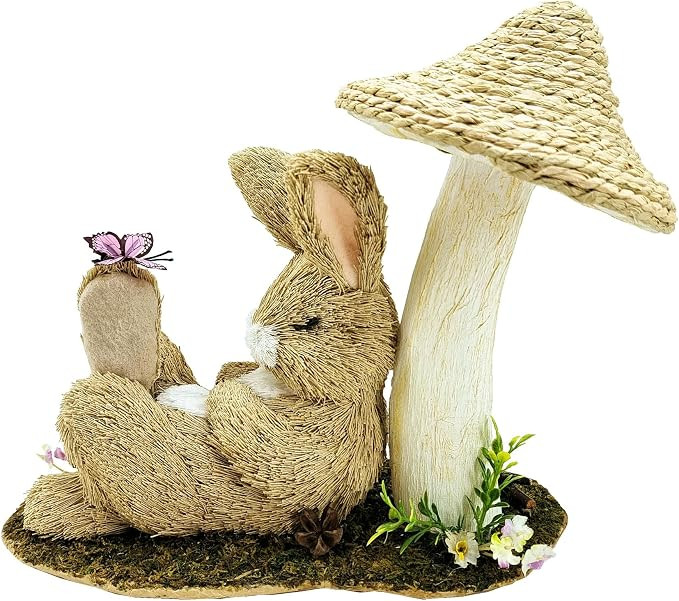 naturevibe 8.9 Inches Sisal Bunny Easter Decor,Natural Easter Bunny Resting Under Mushroom for Ce... | Amazon (US)