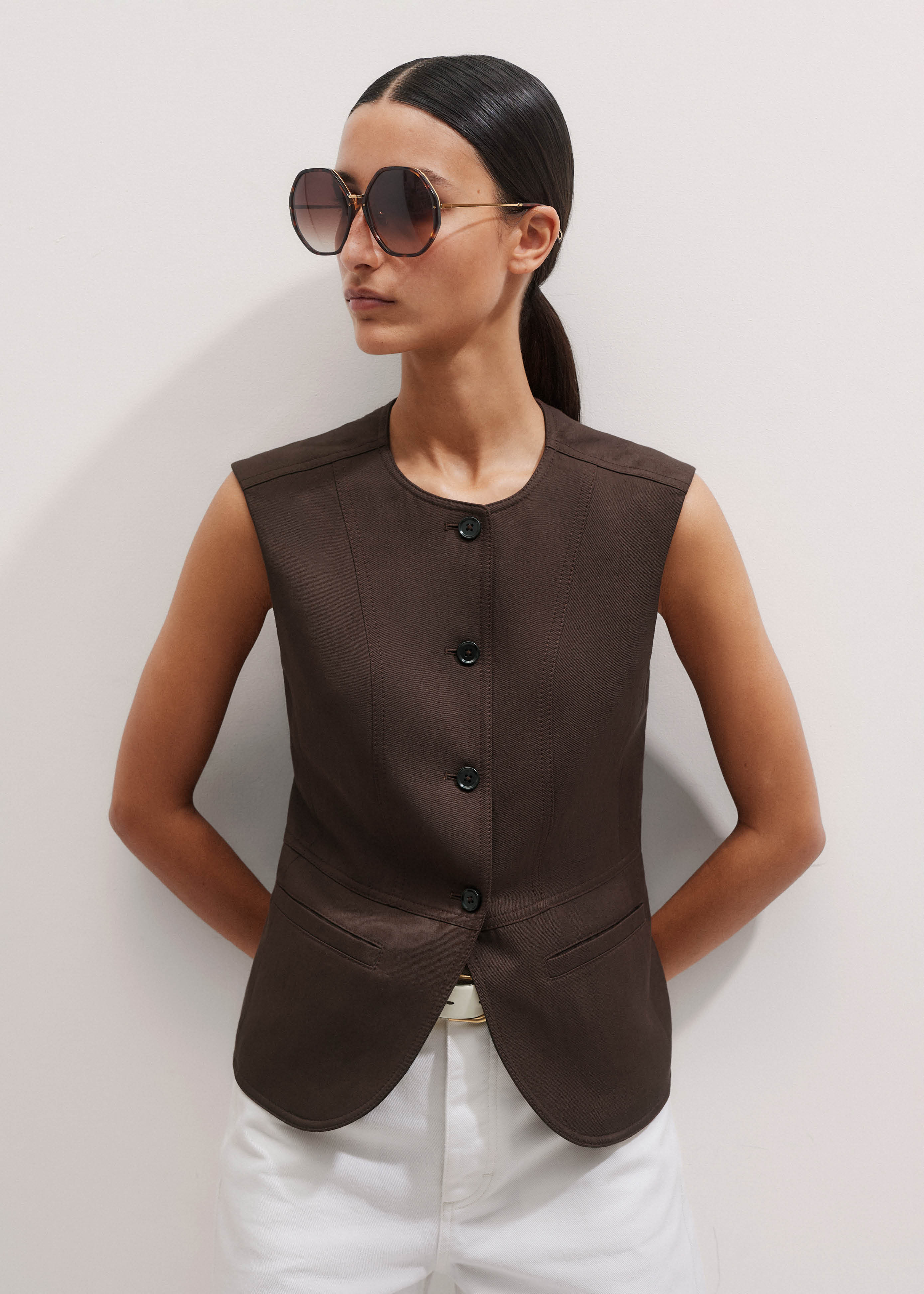Women's Brown Seam Detail Tailored Vest | ME+EM | ME+EM US