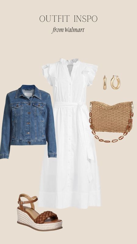 Summer outfit inspo from Walmart! 
White dress / jean jacket / straw bag / wedges 

#LTKStyleTip #LTKFindsUnder50 #LTKMidsize