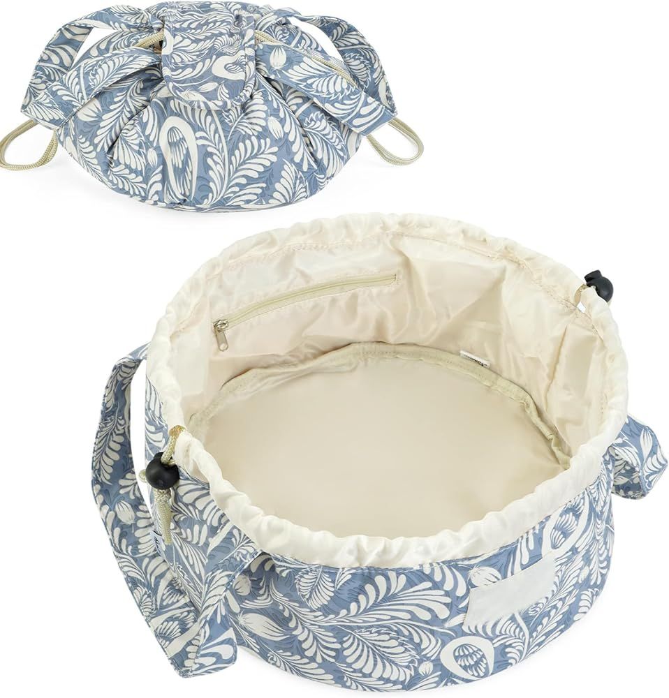 Barrel Drawstring Makeup Bag Large Cosmetic Bag Make up Bags Toiletry Organizer for Women (Blue L... | Amazon (US)