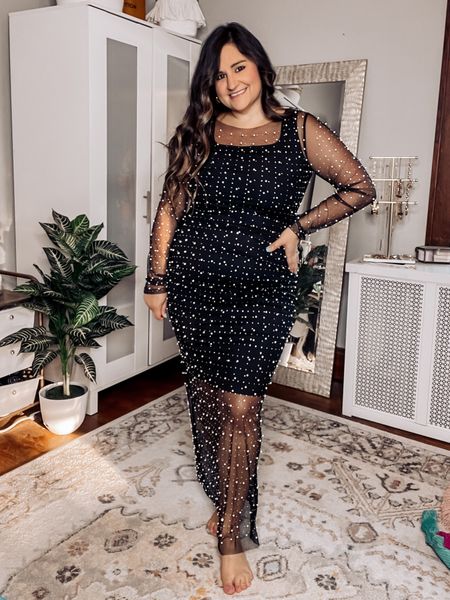 Eras Tour outfit idea in a black bodycon dress with this cool sheer dress on top! The mesh dress is embellished with rhinestones and pearls! Taylor Swift outfit ideas from amazon fashion! 

#LTKcurves #LTKU #LTKunder50