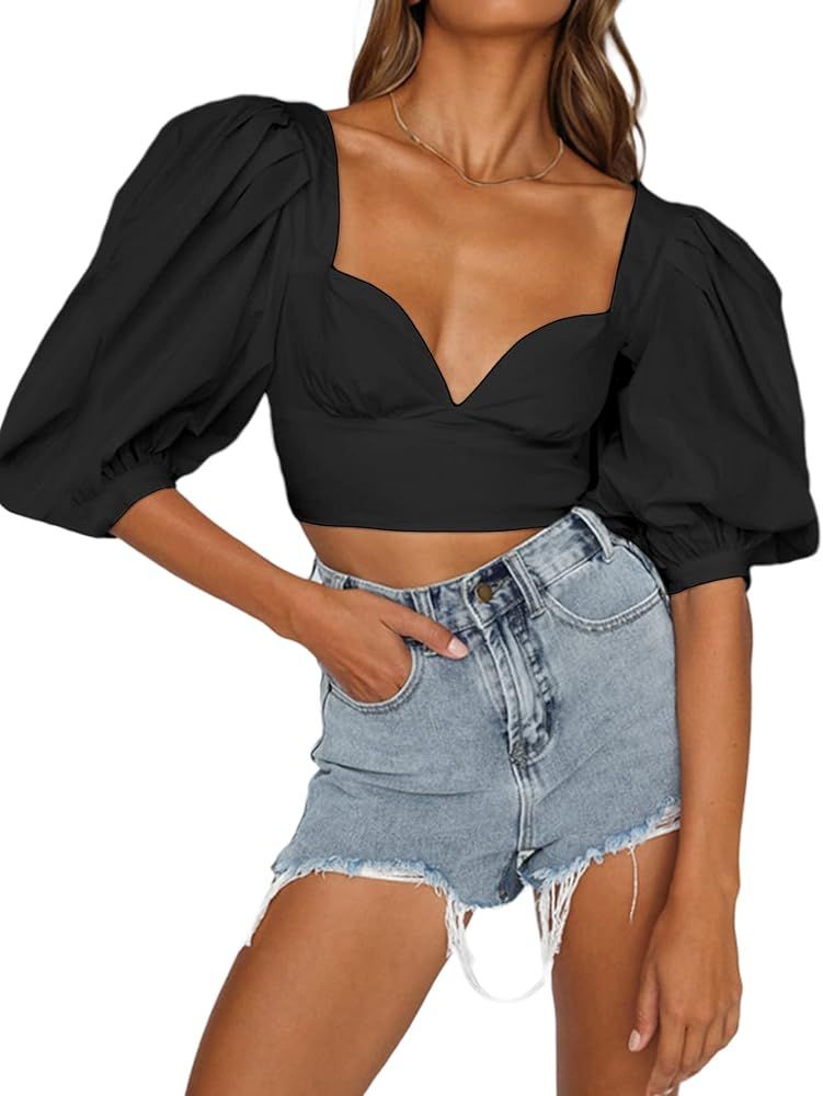 SOFIA'S CHOICE Women's Sweetheart Neck Crop Top Puff Short Sleeve Slim Fit Sexy Shirt | Amazon (US)