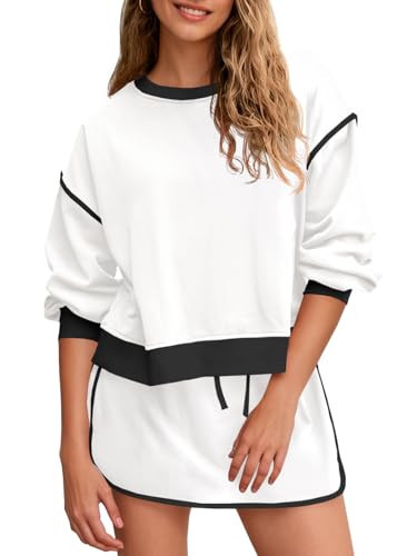 Fisoew Womens Sweatsuits 2 Piece Set Crewneck Sweatshirts High Waisted Skort Skirts Tennis Running Tracksuits Shorts Sets | Amazon (US)