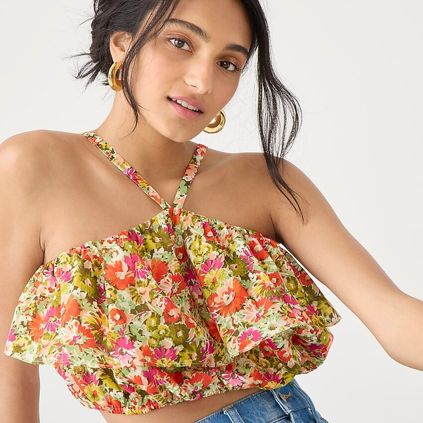 Ruffle halter top in painted block print | J. Crew US