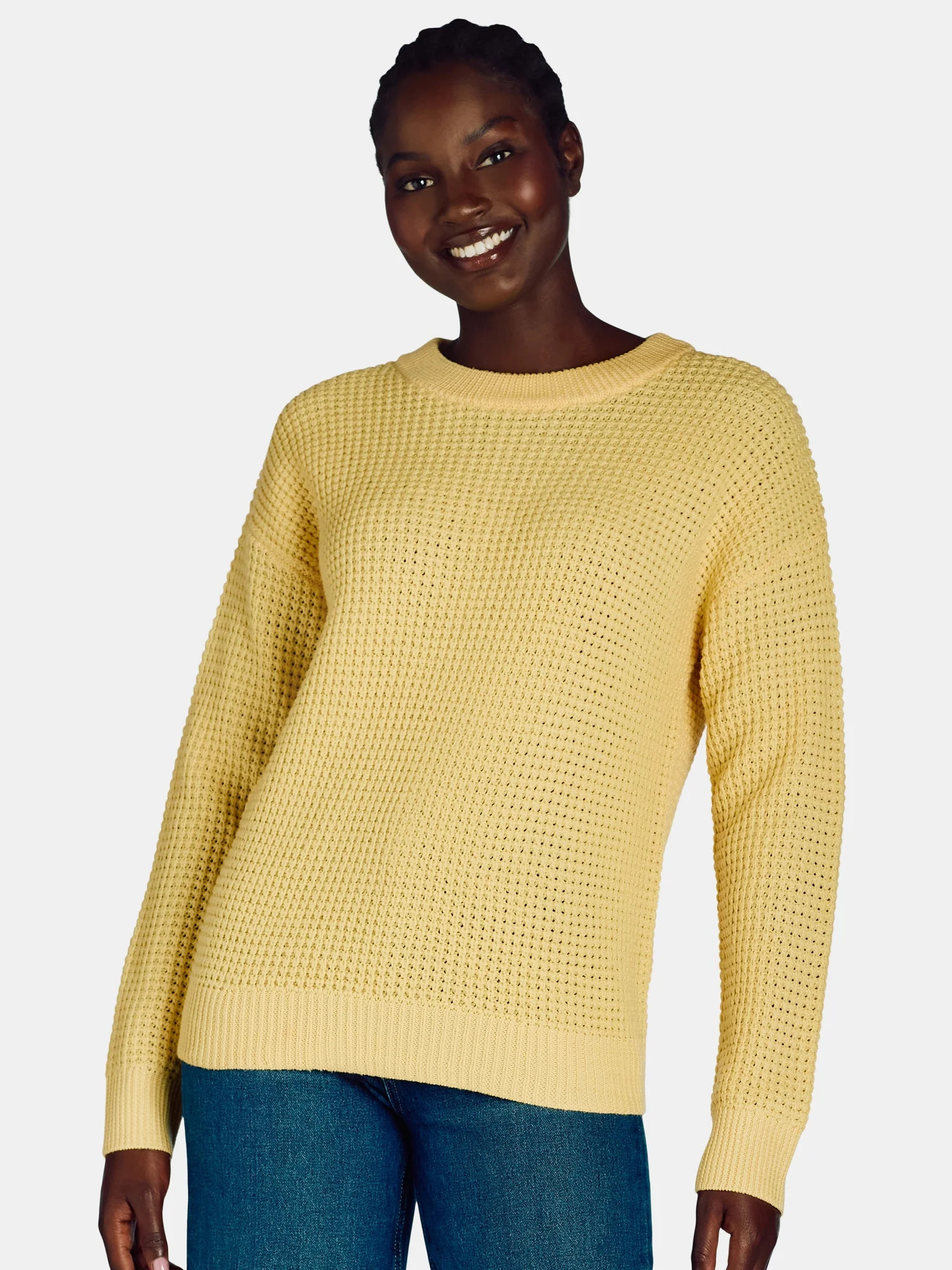 Time and Tru Woman's Waffle Stitch Sweater with Long Sleeves, Midweight, Sizes XS-XXXL | Walmart (US)