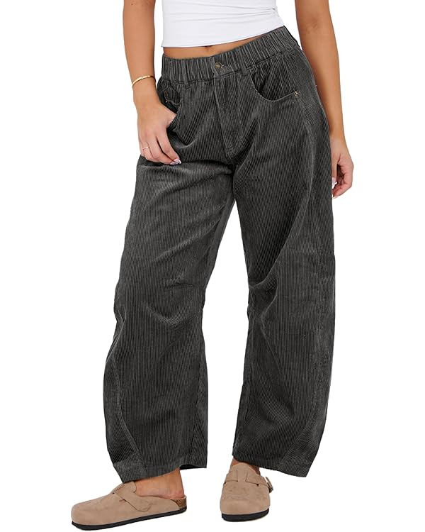 SeekMe Women's Corduroy Pants Barrel Mid-Rise Elastic Waist Cord Pants Casual Wide Leg Baggy Trou... | Amazon (US)