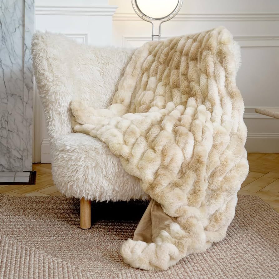 Soft Fuzzy Faux Fur Throw Blanket in Camel – Cozy, Fluffy, Plush Fleece Blanket, Furry, Shaggy ... | Amazon (US)