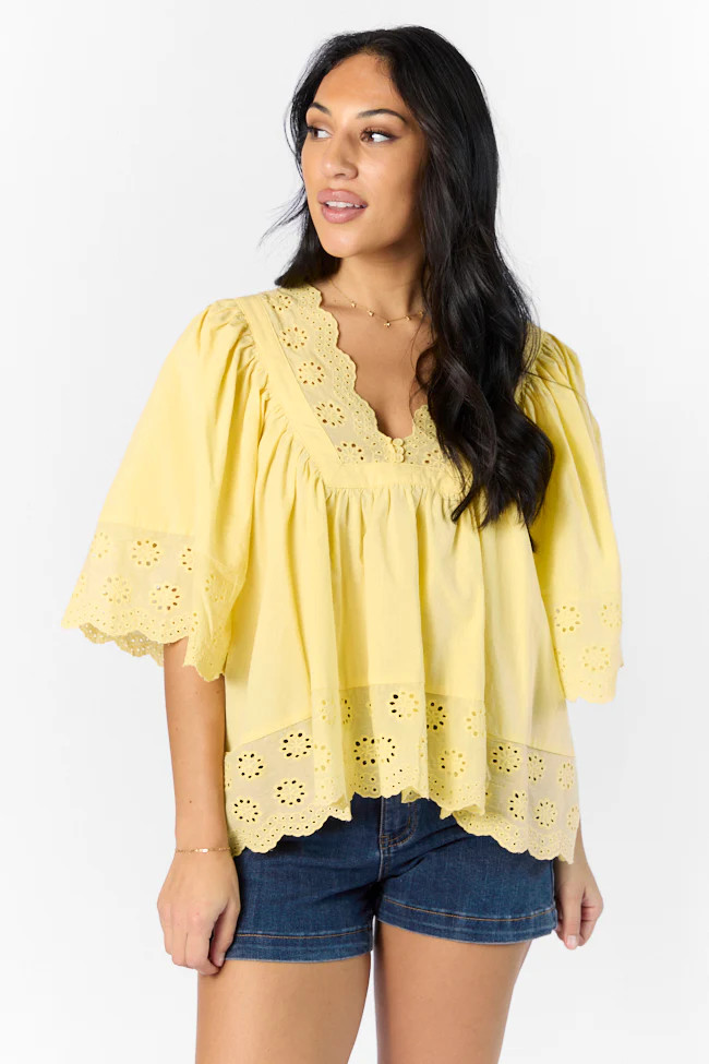 No Regrets Yellow Eyelet Detail Popover Short Sleeve Blouse | Pink Lily