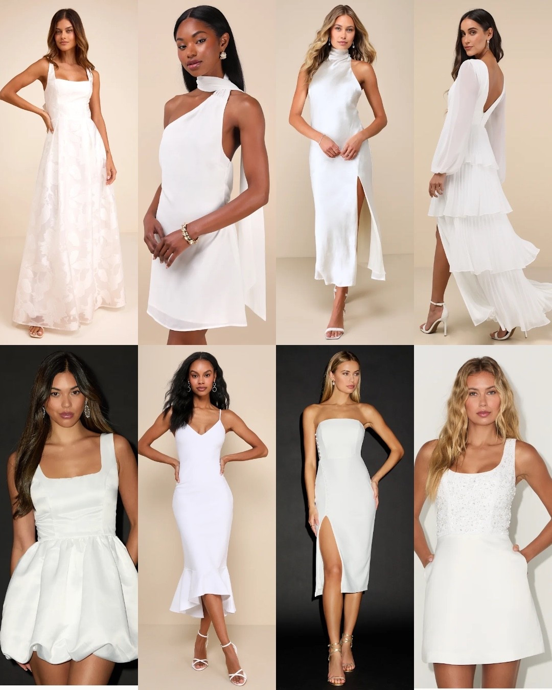 White dresses on sale under $50. Bridal dress, bachelorette party, wedding dress, engagement party, honeymoon, bachelorette party, rehearsal dinner or vacation looks. Short dresses and maxi dresses.