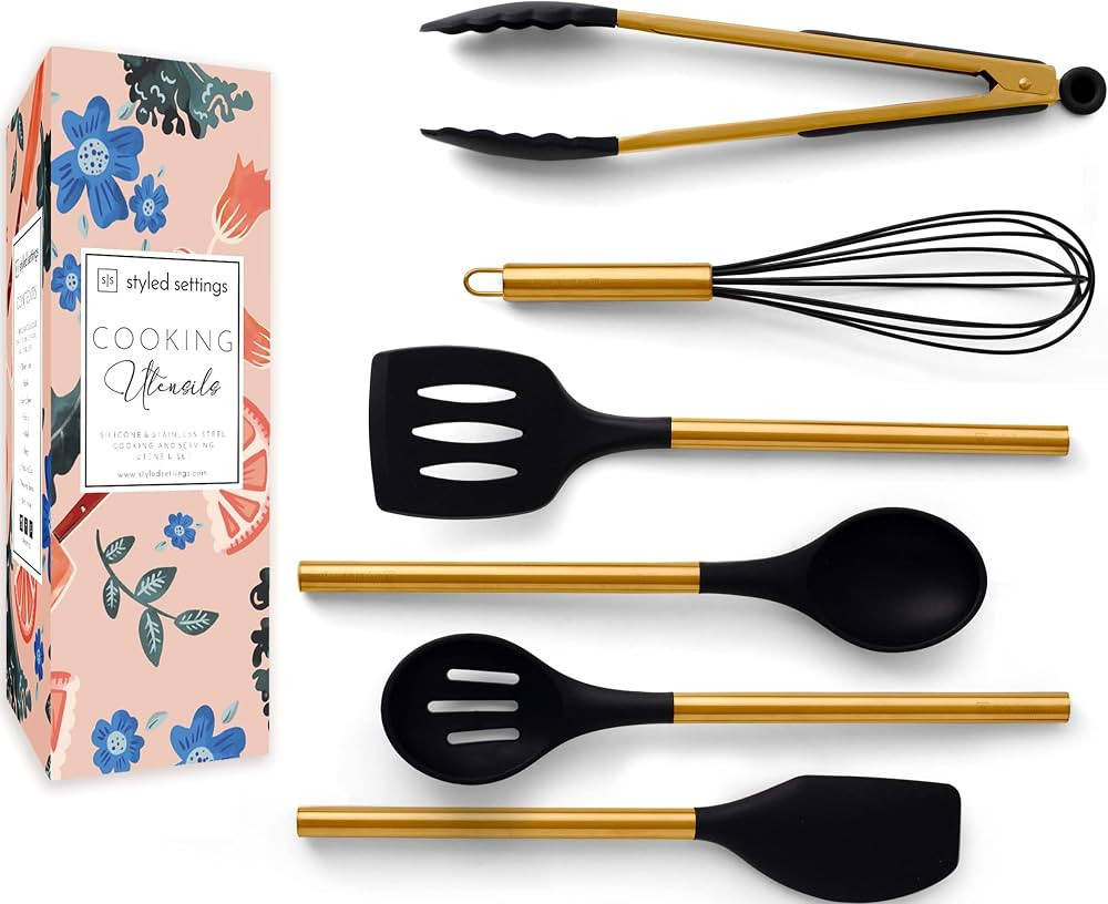 Black and Gold Kitchen Utensils Set 6PC Black Silicone Utensils Set Includes: Gold Tongs, Gold Wh... | Amazon (US)
