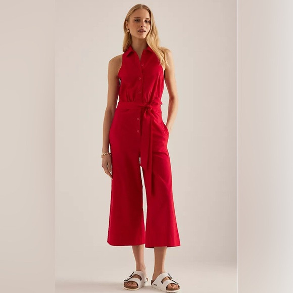 NEW Maeve Anthropologie Cropped Halter Jumpsuit Wide Leg RED Button-Up - 4 | Poshmark