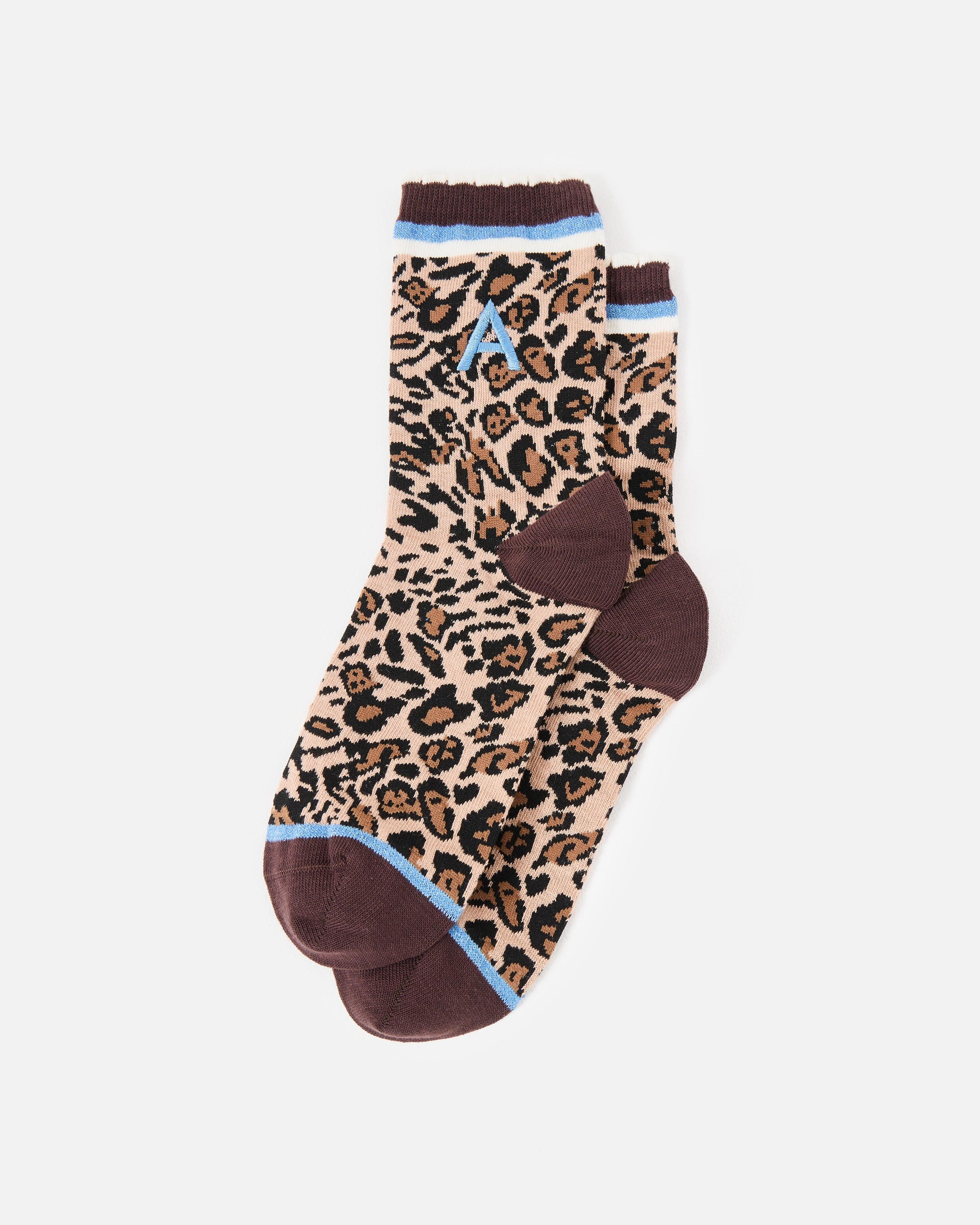 Brown Leopard Print Alphabet Initial Socks, size S | Oliver Bonas (Global)