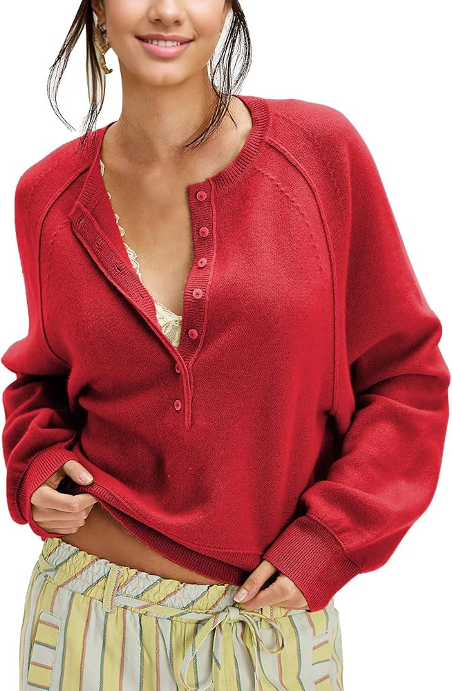 Women's Half Button Down Pullover Knit Sweater Casual Henley Long Sleeve Tunic Tops Loose Fit Tre... | Amazon (US)