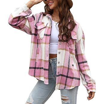 Womens Casual Flannel Wool Blend Plaid Lapel Button Down Long Sleeve Shacket Jacket Coat Winter L... | Amazon (US)