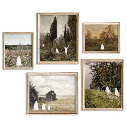 JarThenaAMCS 5Pcs Halloween Wall Art Prints Vintage Ghostly Wall Decor Cute Ghost in Nature Art Poster for Gallery Home Wall Living Room Bedroom Decor (UNFRAMED) | Amazon (US)