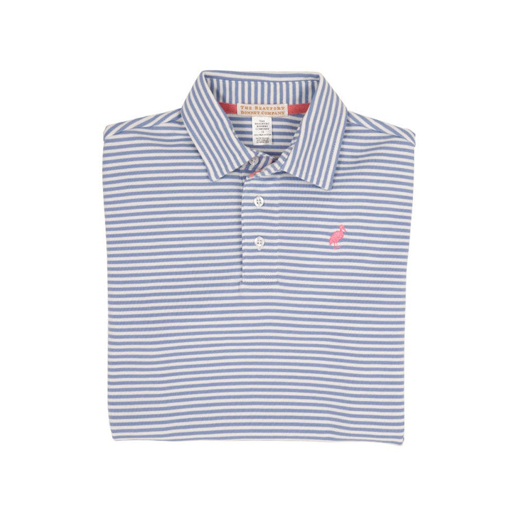 Prim & Proper Polo & Onesie - Park City Periwinkle Stripe with Hamptons Hot Pink Stork | The Beaufort Bonnet Company