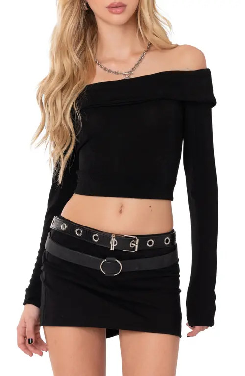 EDIKTED Athena Foldover Off the Shoulder Long Sleeve Crop Top in Black at Nordstrom, Size X-Large | Nordstrom