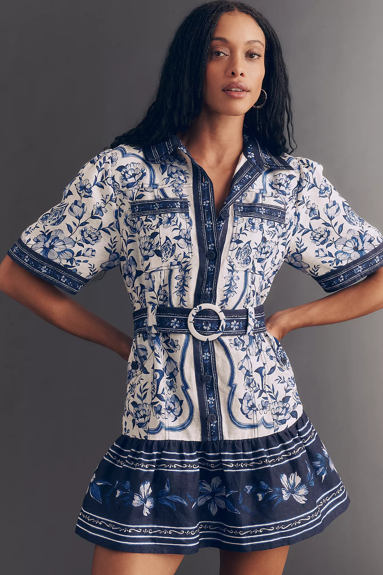 Farm Rio Porcelain Garden Belted Linen Mini Dress | Anthropologie (US)