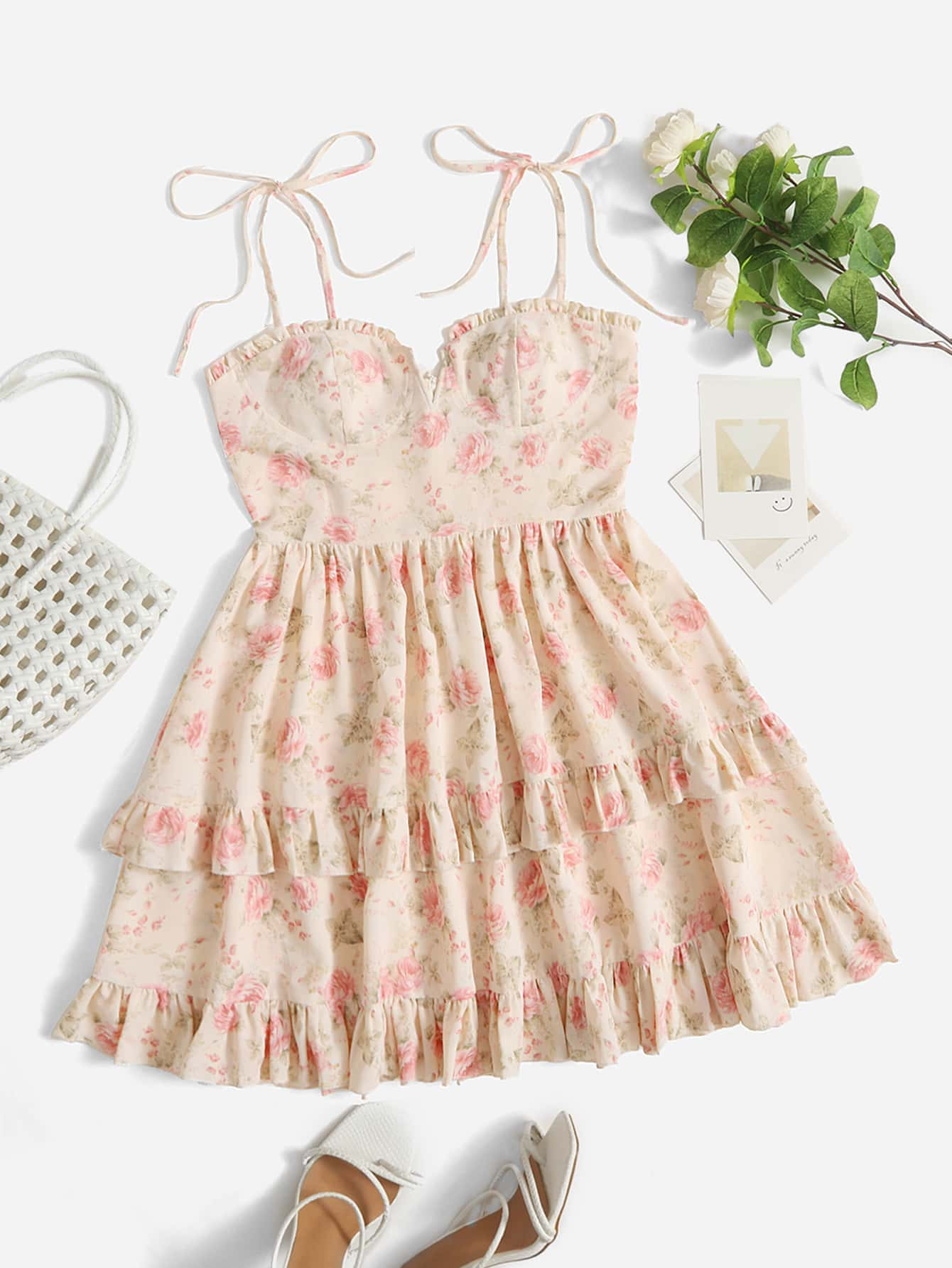 SHEIN MOD Allover Floral Print V Wired Tie Shoulder Ruffle Trim Bustier Cami Dress | SHEIN