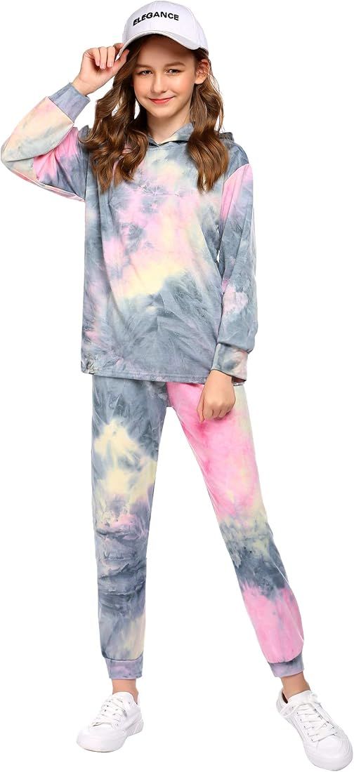 Arshiner Girl's 2 Piece Tie-dye Pullover Hooded Sweatshirt Set Loungewear Sweatpants | Amazon (US)