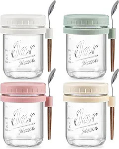 4 Pack Overnight Oats Containers with Lids and Spoons, 16 oz Glass Mason Jars with Airtight Lids,... | Amazon (US)