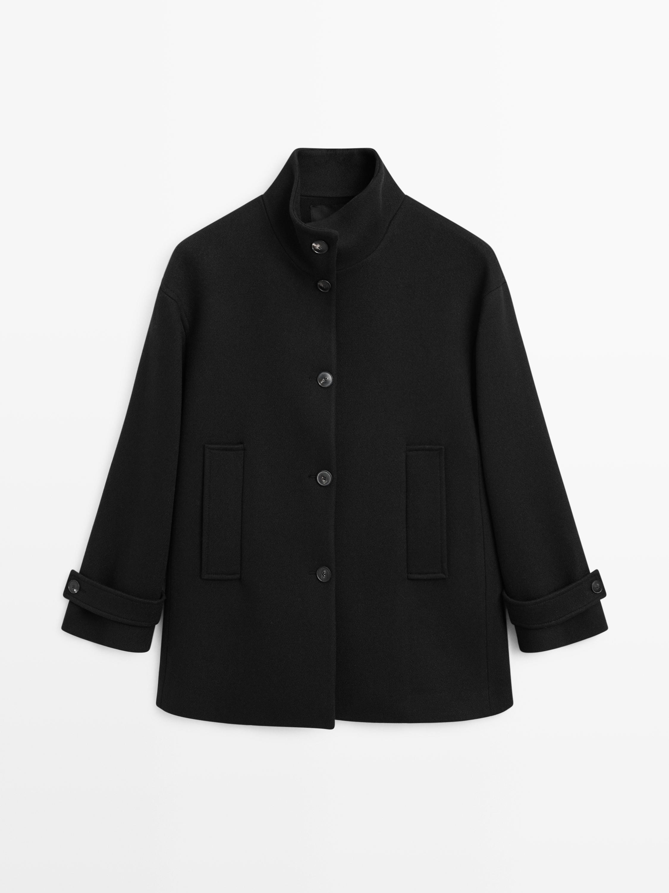 Wool blend high neck coat with button fastening | Massimo Dutti UK
