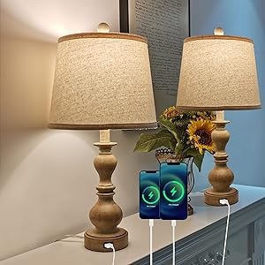 HiiARug Rustic Table Lamp Set of 2, 22-inch Bedside Lamps with USB Ports, Farmhouse Lamp Nightstand  | Amazon (US)