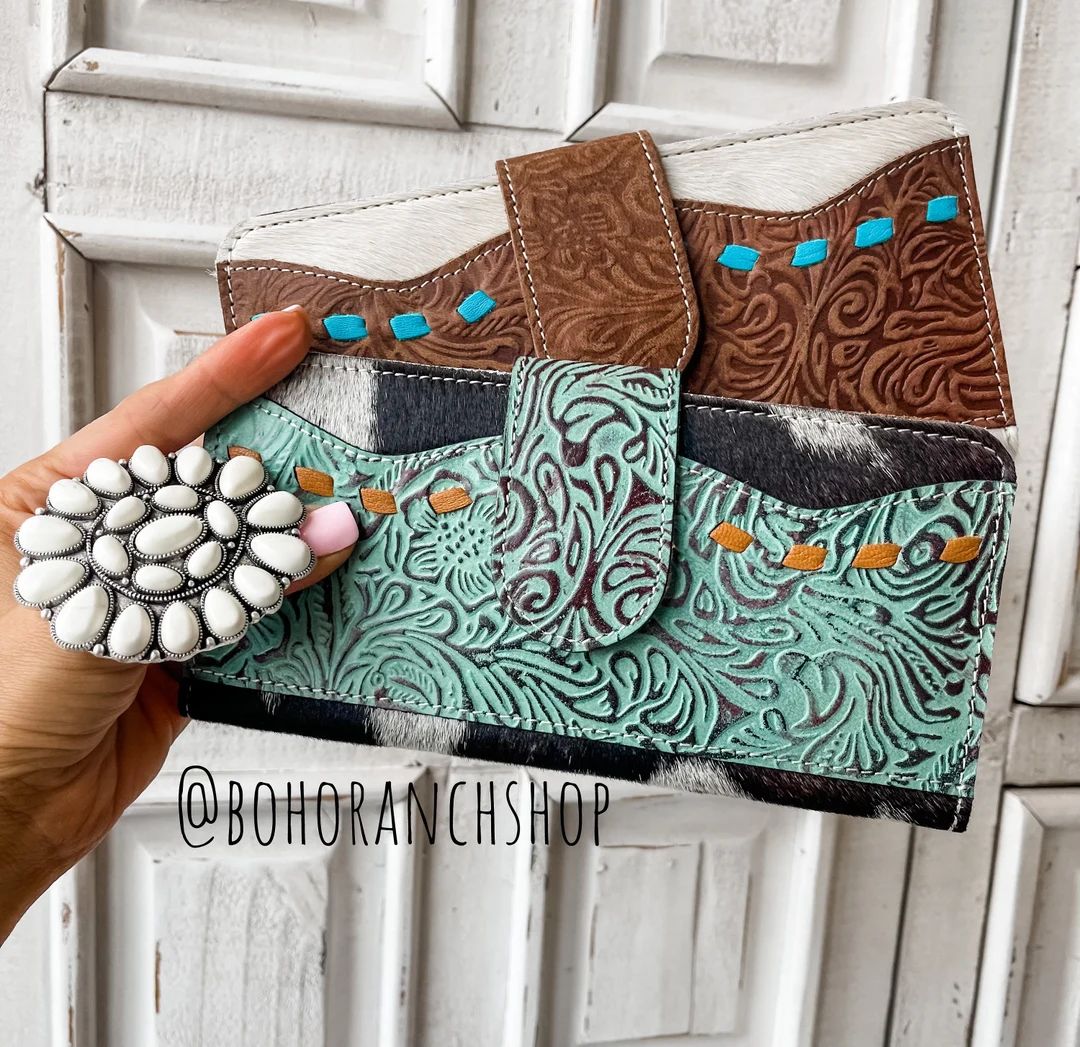 FLORAL LEATHER WALLET Western Genuine Hand Tooled Turquoise - Etsy | Etsy (US)