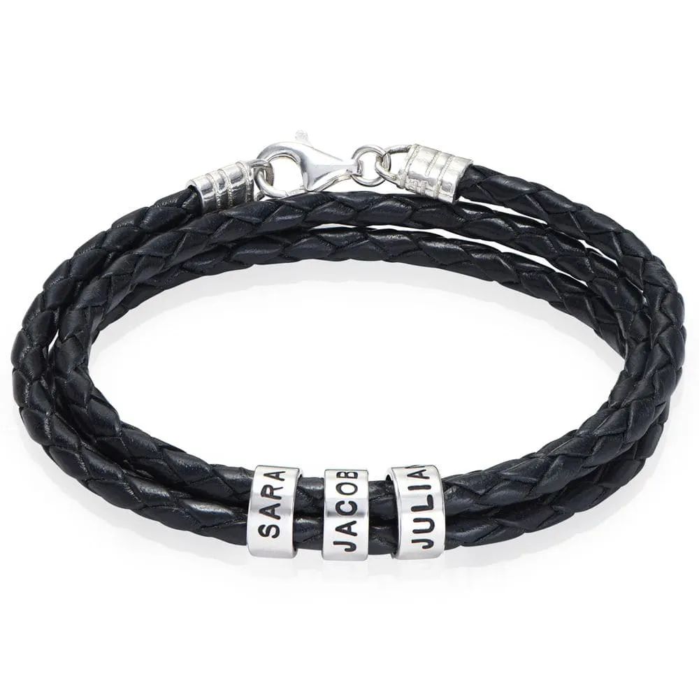 Navigator Braided Leather Bracelet for Men with Small Custom Beads in Silver | MYKA