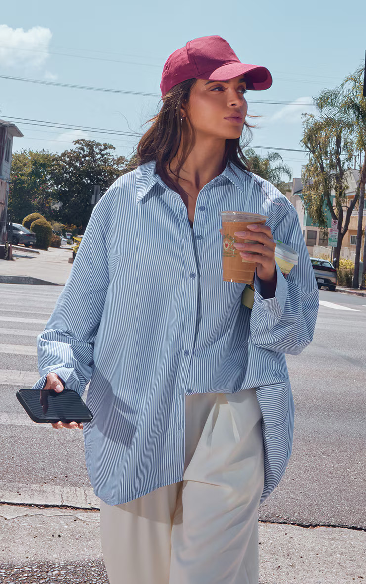 Blue Striped Oversized Cotton Shirt | PrettyLittleThing UK