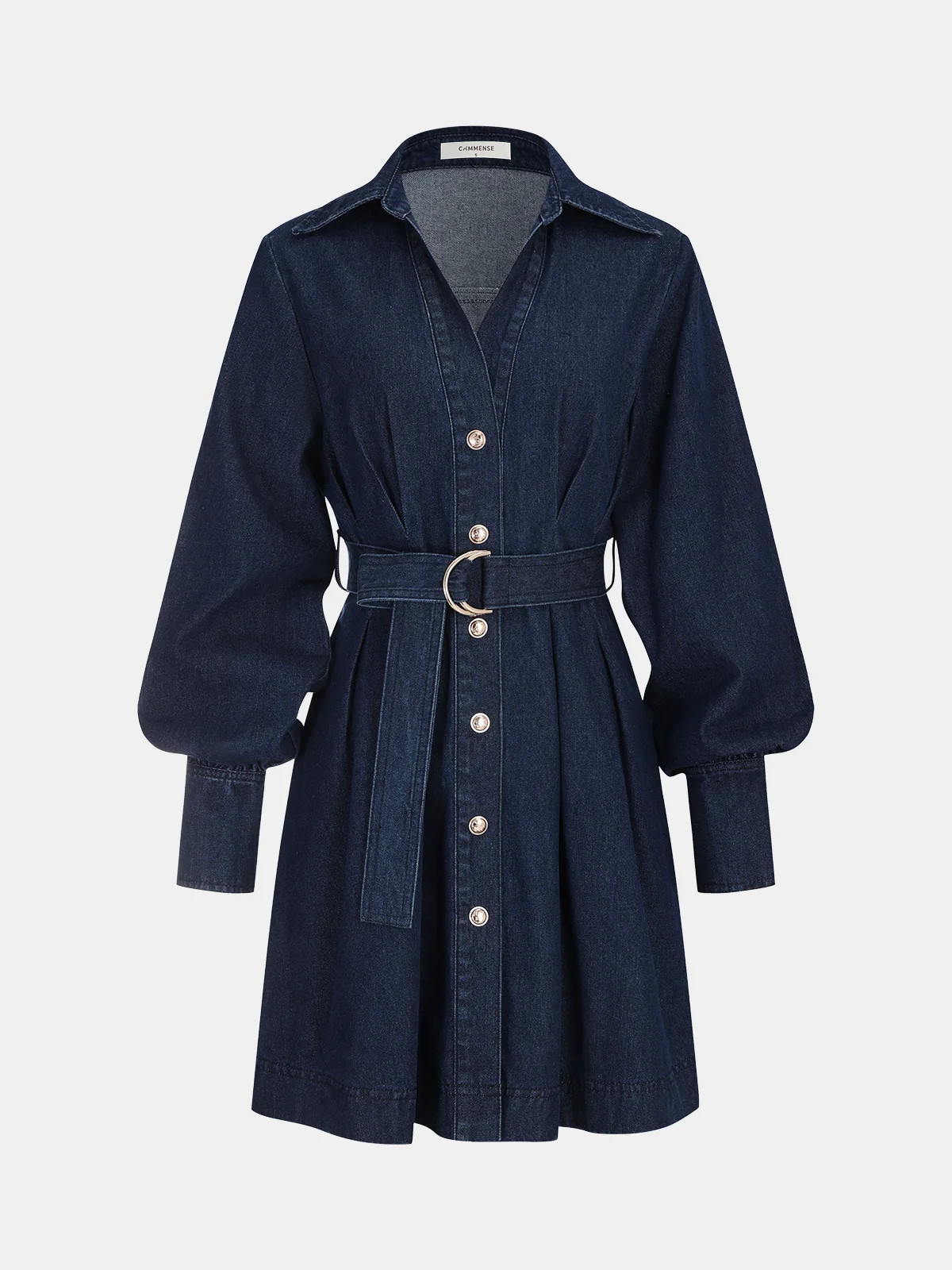 Belted Button-Front Denim Shirt Dress | Commense
