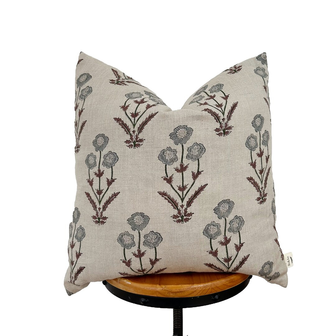 Block Print Linen Pillow, Blue , Green Brown Color Pillow Cover.natural Linen Fabric - Etsy Canad... | Etsy (US)