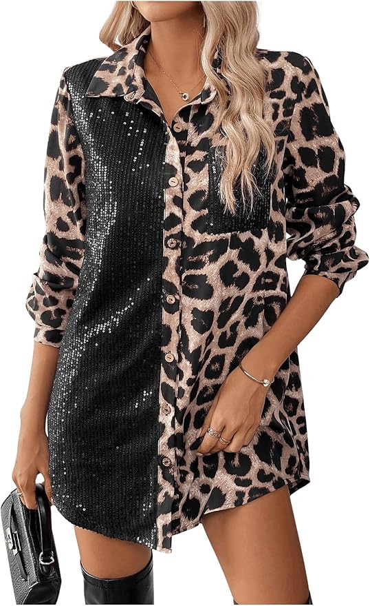 SOLY HUX Women's Leopard Print Sequin Shirt Button Down Long Sleeve Collared Y2k Blouse Tops | Amazon (US)