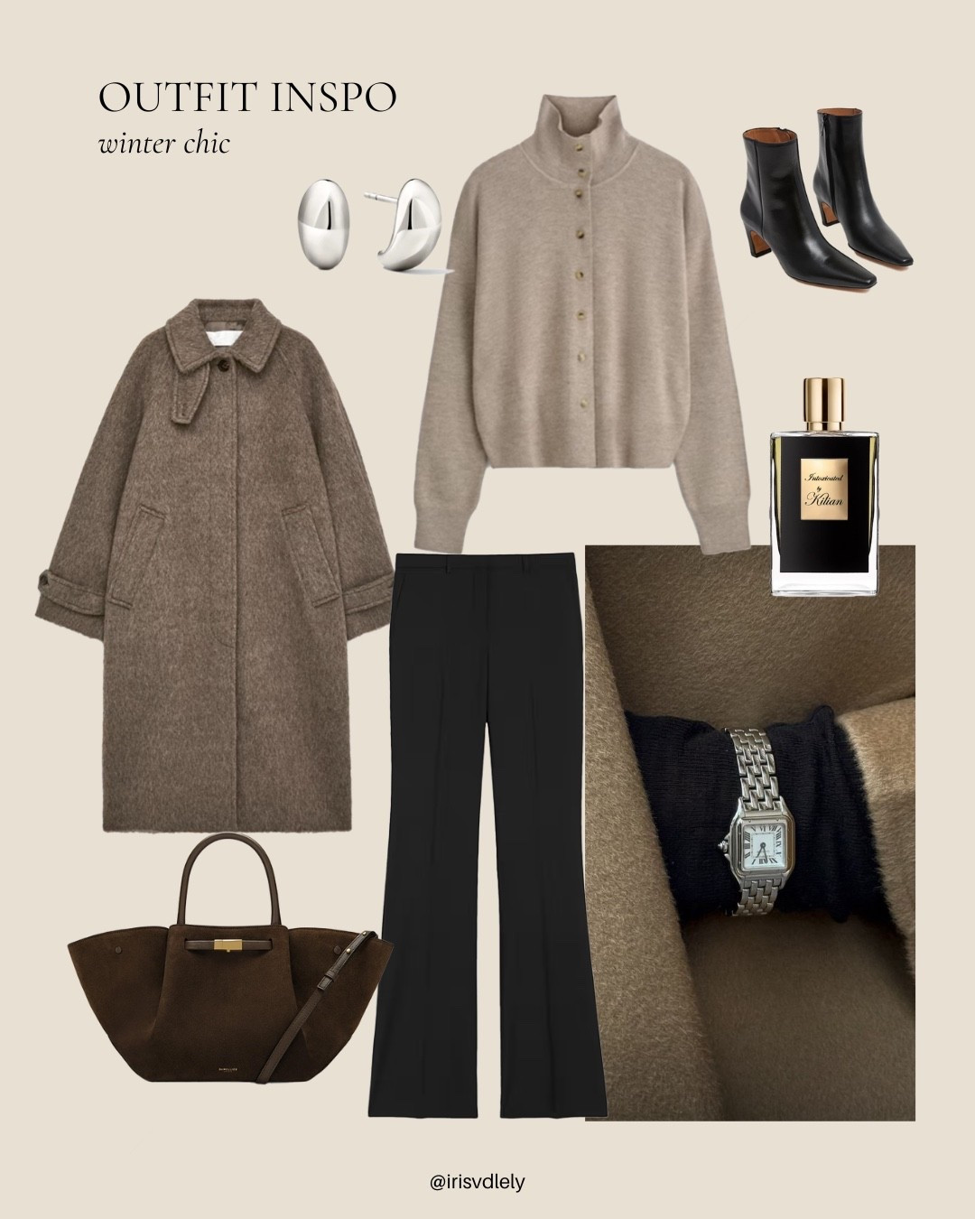 Outfit inspo winter chic look with taupe colours 

Demellier bag, COS cardigan, black suit pants, wool coat, silver earrings, black ankle boots 

#LTKstyletip #LTKwinter #LTKeurope
