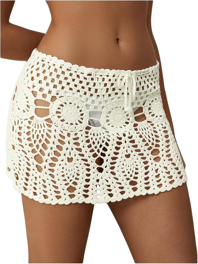 MakeMeChic Women's Crochet Cover Up Skirt High Waist Drawstring Knit Swimsuits Boho Swim Skirts | Amazon (US)