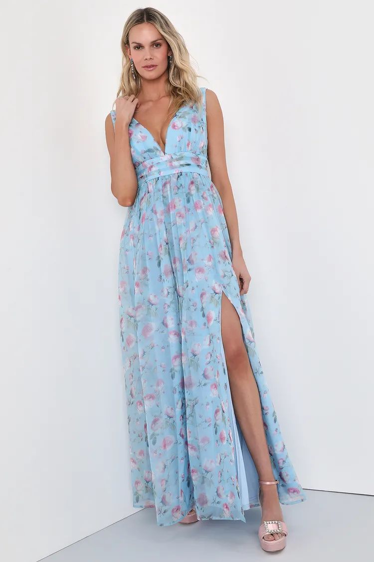 Garden Romance Light Blue Floral Print Organza Maxi Dress | Lulus