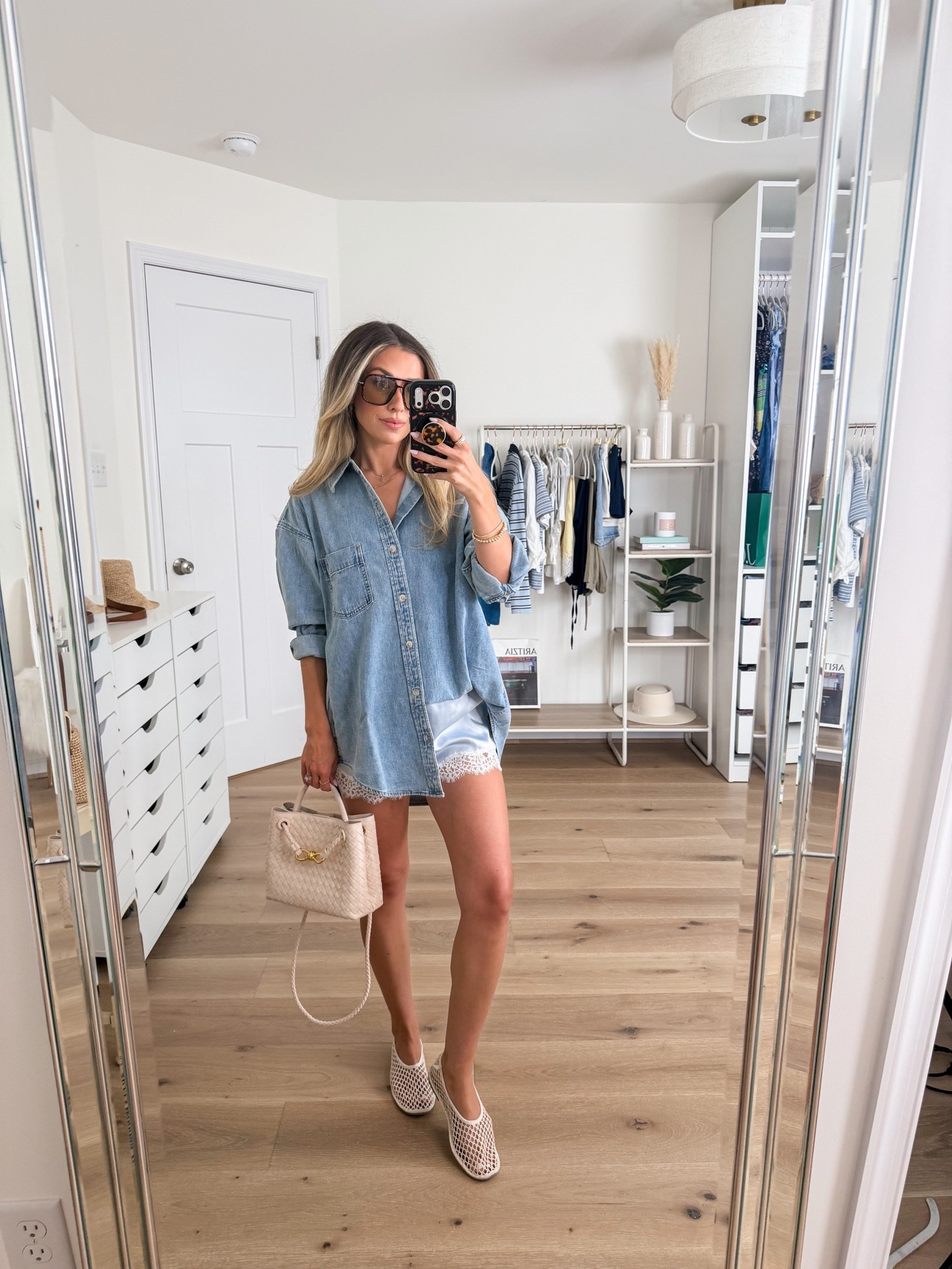 cute casual summer outfit that will transition perfectly from summer to fall! 
+ Aritzia denim button down shirt: xs | oversized fit
+ Aritzia satin lace shorts: xs | size up if you want a roomier/more relaxed fit 
+ mesh flats: true to size

#LTKootd #LTKmomlife #LTKPetite