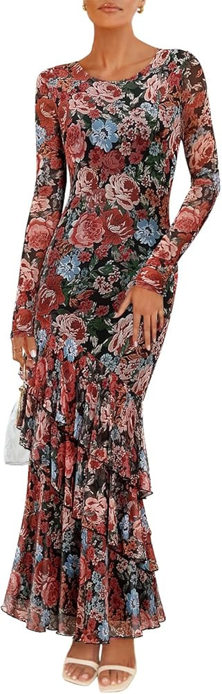 ZESICA Women's Fall Floral Wedding Guest Bodycon Dresses 2025 Long Sleeve Crewneck Mesh Ruffle Me... | Amazon (US)