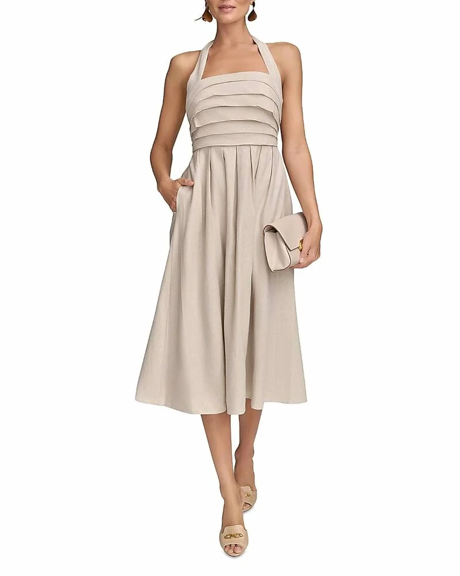 Pleated Halter Sundress In Natural | Shop Simon