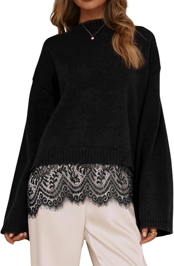 Womens Lace Trim Sweater Long Sleeve Oversized Knit Pullover Top | Amazon (US)