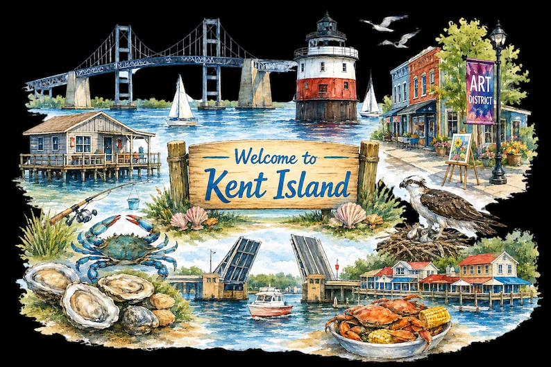 Kent Island Maryland Watercolor PNG | Chesapeake Bay Coastal Art | Kent Narrows Lighthouse Bridge... | Etsy (Global)