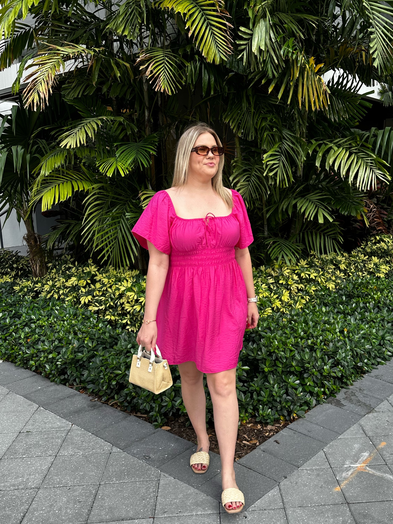 Casual OOTD. 
Perfect for beach vacation or Easter brunch. 

H&M Pink smocked mini dress 
Target rattan sandals 
Target mini handbag 
Amazon tortoise sunglasses 
Baublebar gold cuff bracelet 
Amazon Apple Watch strap 


#LTKstyletip #LTKunder50 #LTKSeasonal